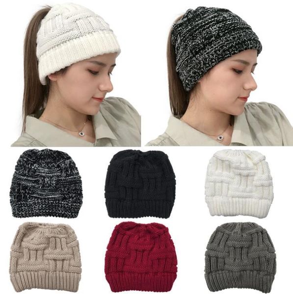 

ponytail beanie cross cap headgear knitted hat winter fashion wool caps girl knitting bonnet beanies back opening hats sea shipping dhc2659
