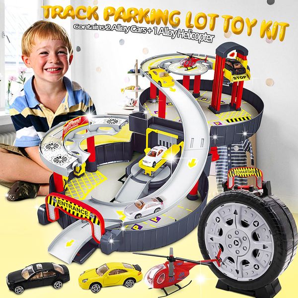 Garage Toys Spiral Roller Back Legierfahrzeuge Kinder Reifen Parkhaus Spielzeugwagenfahrzeug Fahrzeug Auto Model Kinder spielen Set LJ200930