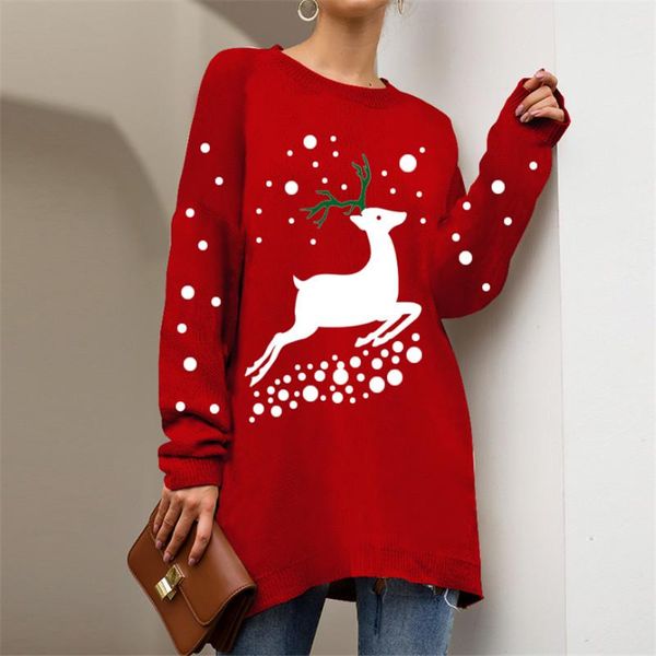 

woman christmas knitted sweater autumn elk snowman pattern long sleeve round neck pullover loose, White;black