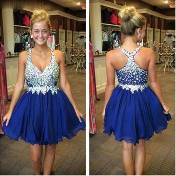 

short a line halter prom dresses sparkling royal blue beaded homecoming party dress women wear vestidos de festa, Black