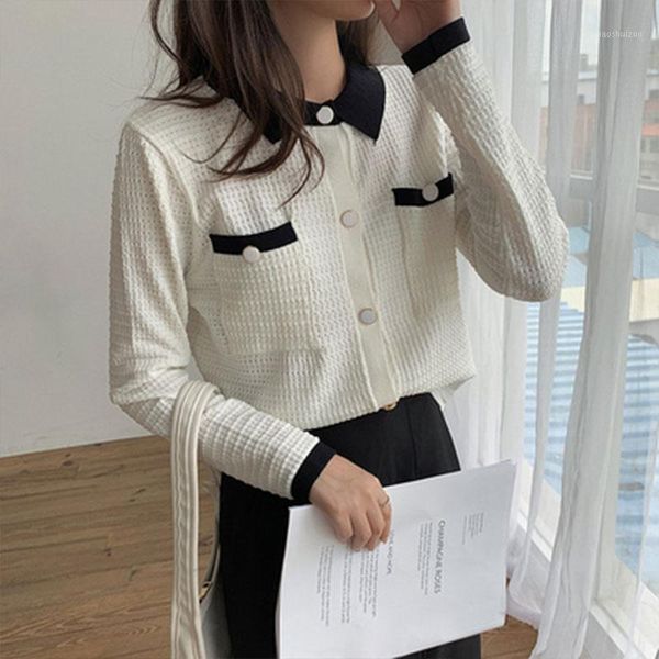 

spring new women elegance solid full sleeve cardigan casual single breasted short sweater pockets office lady basic outwear1, White