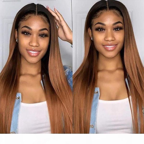 

blonde ombre t1b 30 lace front wigs black roots silky straight brazilian virgin human hair pre plucked bleached knots full lace wig, Black;brown