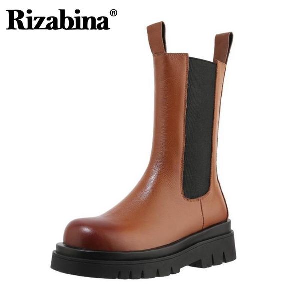 

rizabina genuine leather woman short boots new fashion elastic flats winter shoes woman retro office lady footwear size 34-39, Black