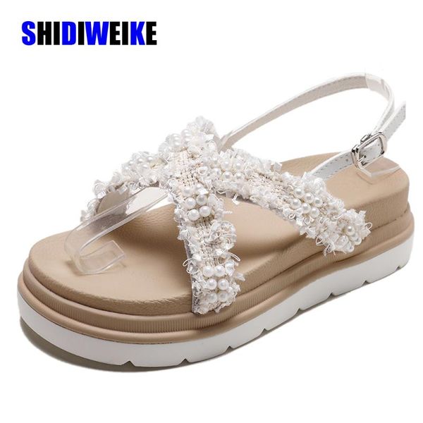 

2020 sandals slippers women wear beach wild pearl wedge with thick bottom flip flops summer shoes ab035, Black