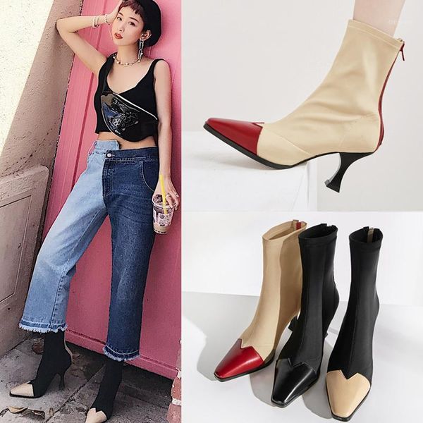 

2020 autumn real sheepskin leather hit color boots small square toe stiletto women's boots skinny legs elastic1, Black