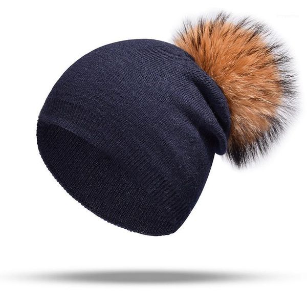 

women's plain beanie hat with real fur pompom winter wool knitted slouchy beanies for ladies raccoon pompon skullies&beanies1, Blue;gray