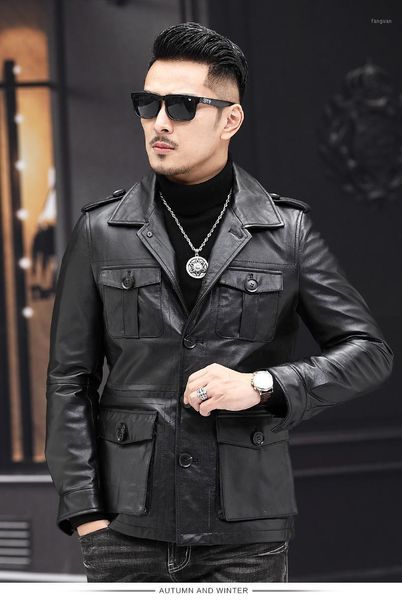 

2020 new casual leather jacket.fashion man genuine leather coat.quality cowhide jackets.vintage jacket1, Black