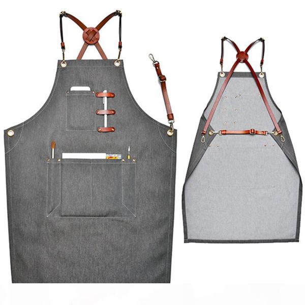 

gray denim apron cowhide leather strap barber hairdresser florist artist gardener work wear barista bartender chef uniform k98