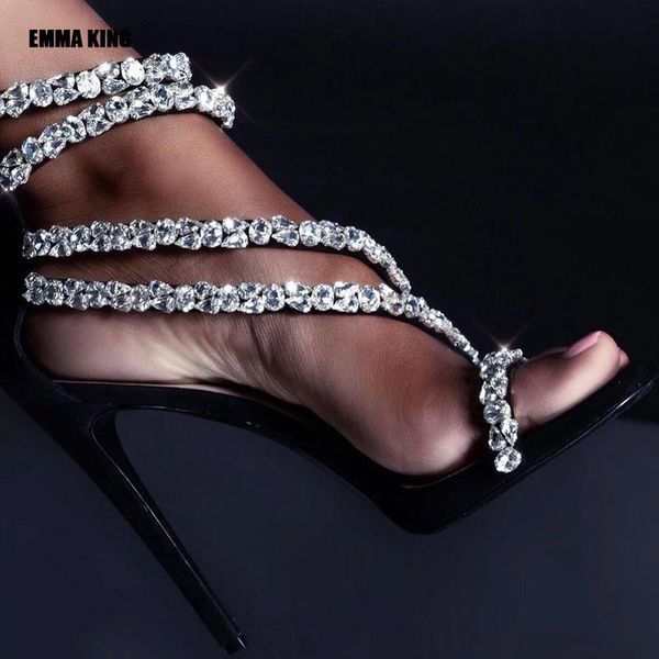 

women fashion crystal sandals lady thin high heels gladiator sandals elegant party wedding shoes for women 2021 summer, Black