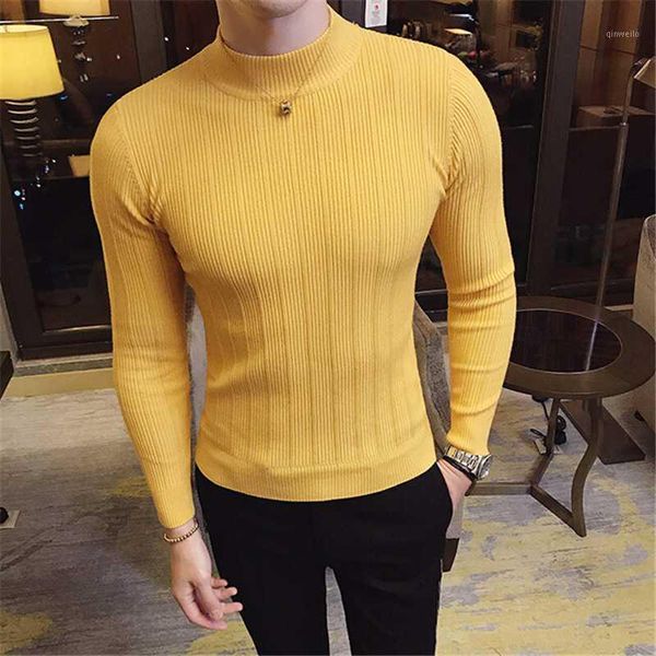 

2020men's slim fit-collarbottomed in autumn and winter solid color casual knit sweater1, White;black