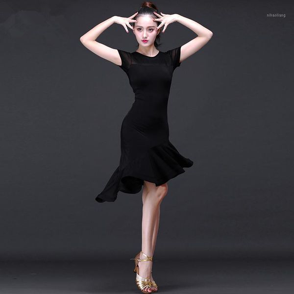 

stage wear fashion long sleeve black latin dance one-piece dress for women female cwboy ballroom tango cha rumba costumes1, Black;red