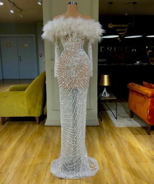 

evening dress myriam fares yousef aljasmi white appliques beads crystal mermaid bateau feather sequines long sleeve long dress feather, Red