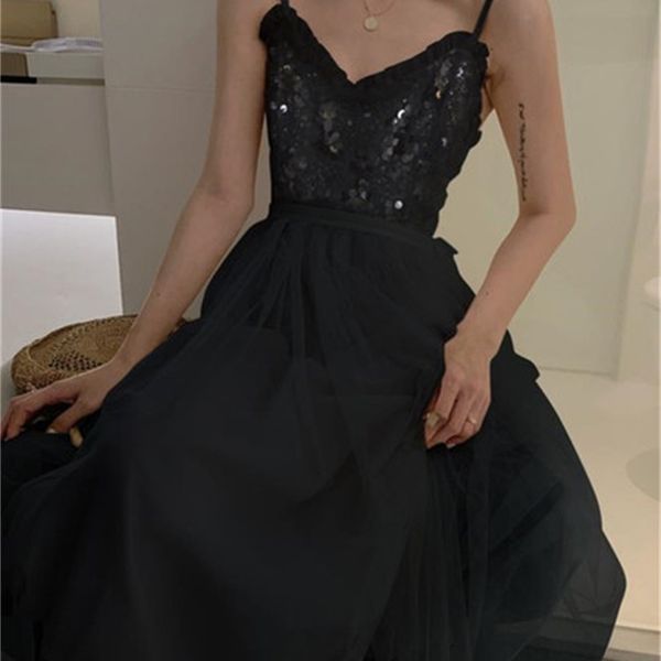 

2021 new mesh sequin elegant design women strap summer 2021 new one-piece dress korean long clothing ladies i0ox yeei, Black;gray