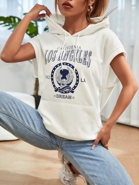 

letter & eagle print kangaroo pocket drawstring hoodie v3ap#, White;black