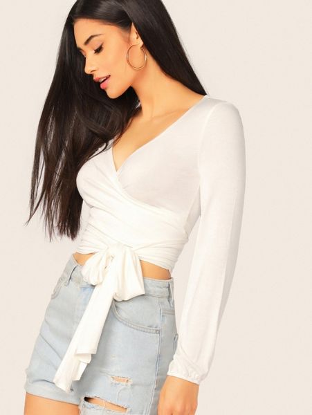 

self-tie surplice crop wrap 68jx#, White