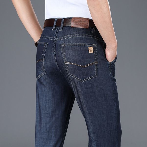 

modal new men's jeans summer ultra-thin casual pants jeansjeans and jeansmiddle-aged high waist loose straight ice silk casual pants 89, Blue