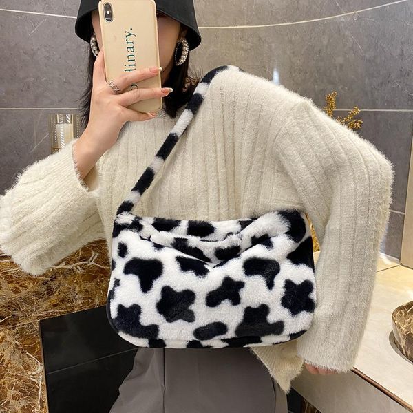 

cross body women's soft cow baguette pattern bags 2021 winter warm plush shoulder bag for ladies female handbag tote casual travel purs