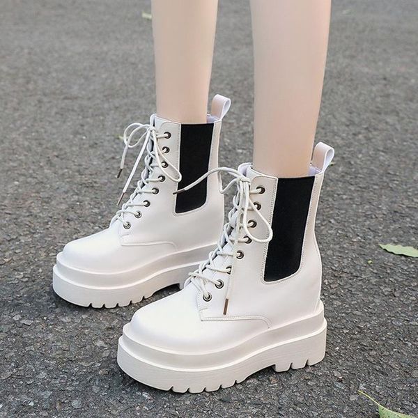 

rimocy 2021 autumn winter lace up ankle boots women height increasing chunky platform shoes woman pu leather short botas mujer, Black