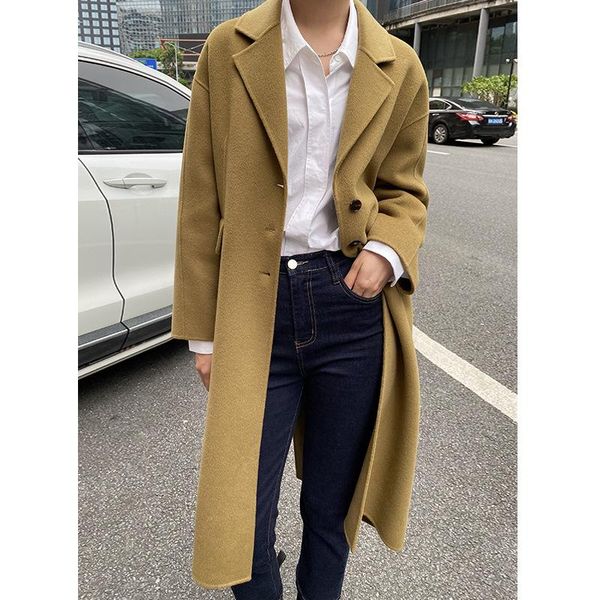 

women's wool & blends fashion warm coats for women long solid loose coat pockets single breasted casual and winter jackets womens, Black