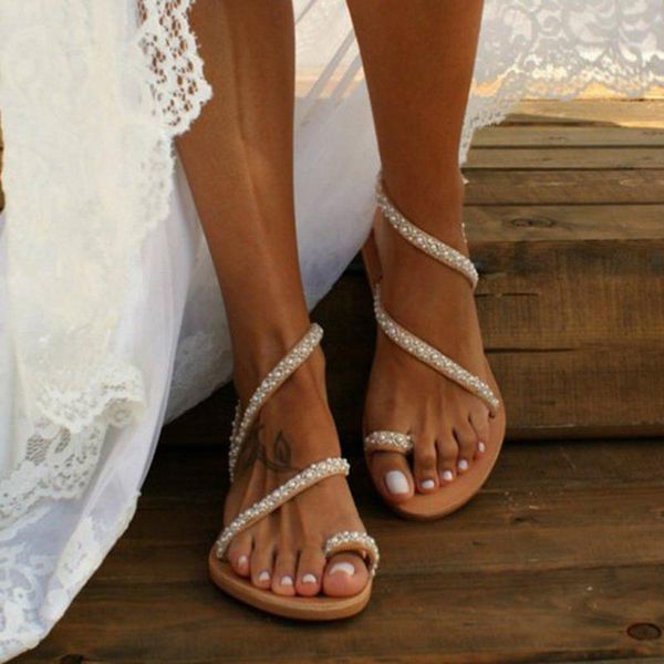 

summer flat sandals sweet boho pearl decoration sandals leather flats plus size women beach sand holiday shoes 2.20, Black