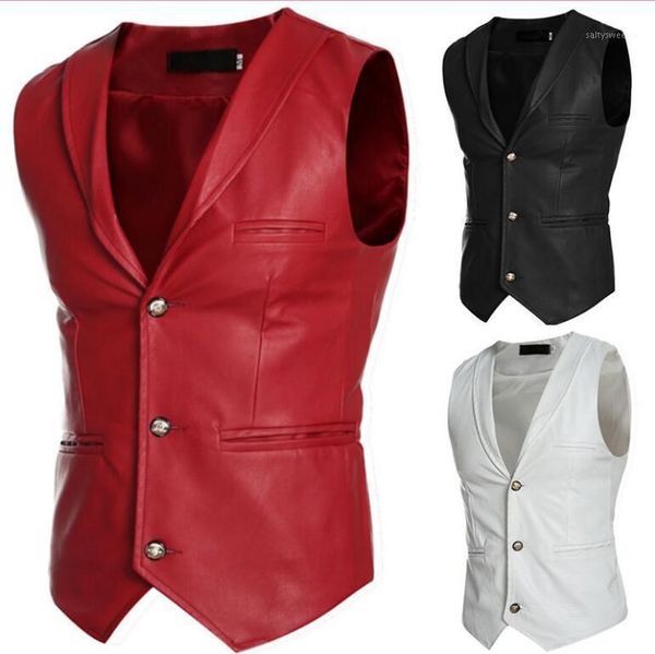 

men's vests mens three button suit collar v-neck vest coat casual leather waistcoat e161, Black;white