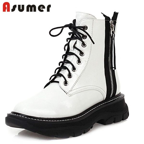 

asumer 2020 autumn winter boots women shoes mixed colors zip lace up comfortable flat platform shoes woman ankle boots, Black