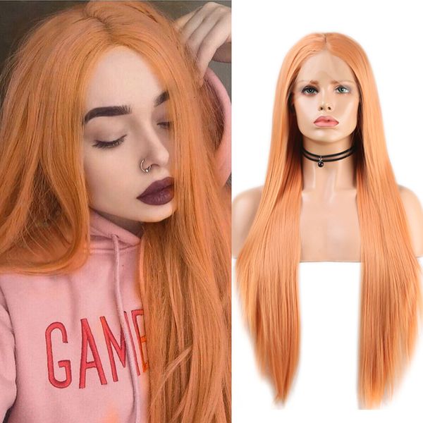 

charisma synthetic lace front wig middle part peach wig long silky straight hair cosplay wigs for women natural hairline, Black;brown