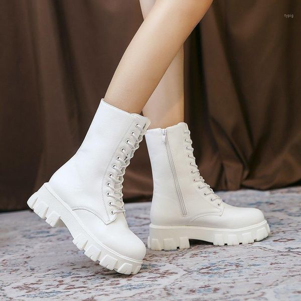 

2021 winter fashion women's boots lace up mid-calf round head women boots black square-heel mid-heel pu women shoes botas mujer1