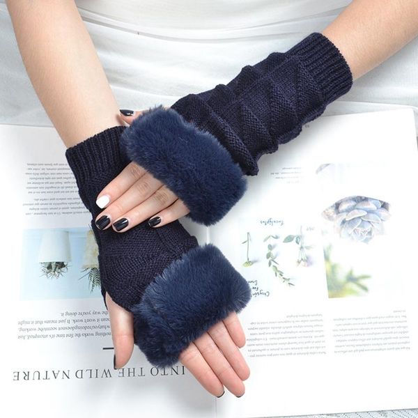 

five fingers gloves winter women plush faux fur knitting wool keep warm fashion long mitten fingerless lady girl half finger soft glove, Blue;gray