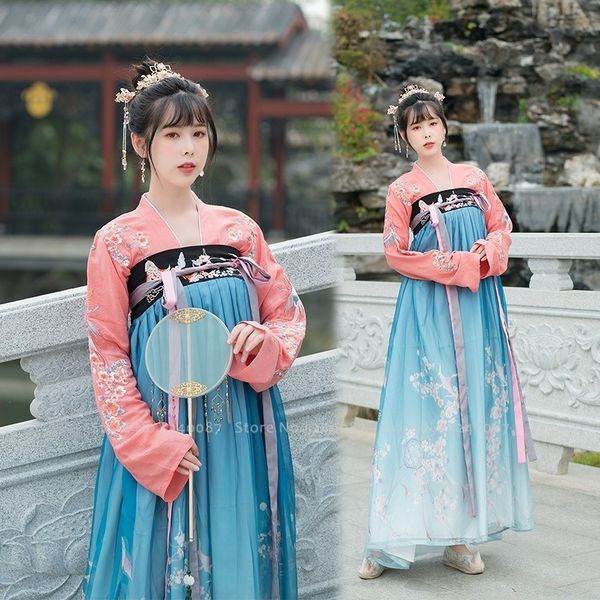 

chinese traditional embroidery hanfu dress official festival costume of tang dynasty women fairy skirt high dance stage performance costume, Gray;blue