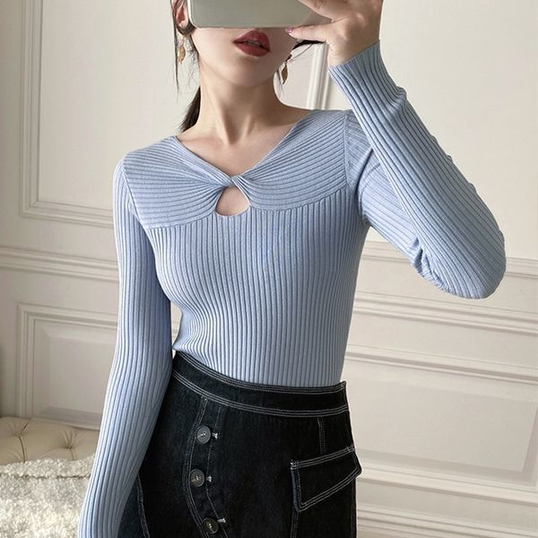 

zbc6e slim base knitted 2020 spring and autumn kink women's hollow v-neck shirt design shirt k0x49, White