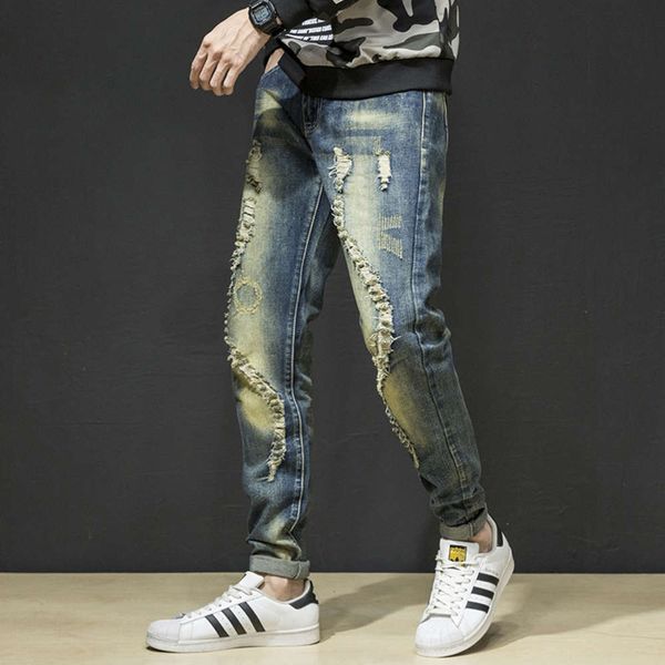 

hole jeans men's spring brand beggar korean fashion small straight pants, Blue