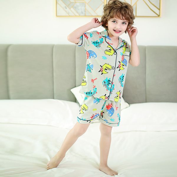 

saileroad summer cute dinosaur pajamas for boys girls cotton short sleeve pyjamas set children animals printed pijama clothes y200704, Blue;red