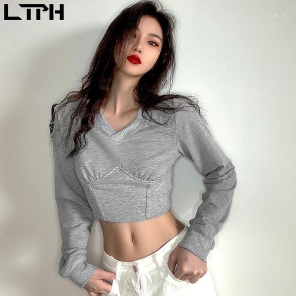 

ltph 2020 autumn new arrival simple vintage gray sweatshirt women v-neck long sleeve fashion all-match short sweatshirts1, Black