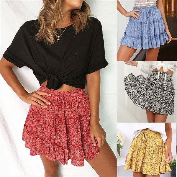 

women fashion high waist frills skirt for women broken flower half length skirt printed beach a short mini skirts new 2020, Black