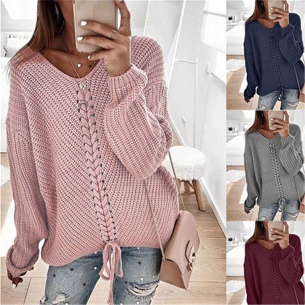 

ladies splicing t-shirt sweater fashion trend long sleeve v-neck strap buckle knitting designer famale autumn new loose casual sweater, White