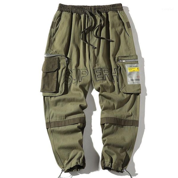 

letter lace up casual zipper cargo pants men's plus size joggers streetwear trousers cotton overalls flexible cuff men pants new1, Black