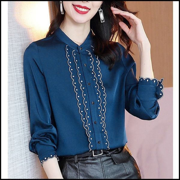 

female embroidery contrast blouses button korean fashion clothes 8iuk, White