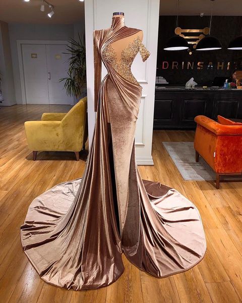 

aso ebi 2021 arabic stylish mermaid evening dresses lace beaded prom dresses velvet formal party second reception gowns zj266, Black
