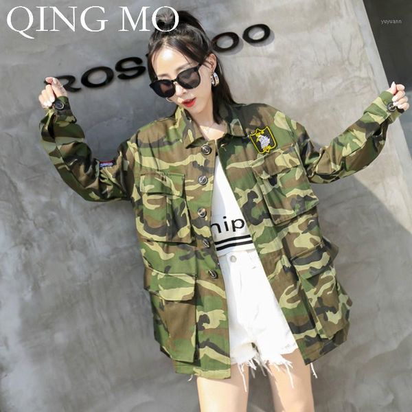 

qing mo women camouflage print coat 2019 autumn women safari style windbreaker coat single breasted wide-waisted zqy14121, Tan;black