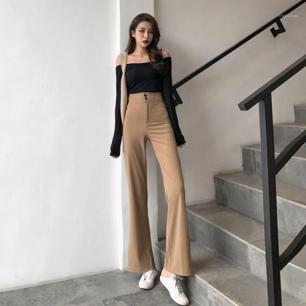 

mazefeng 2020 new autumn women casual solid straight pants ladies button slim pants female wide leg pant vintage korean style1, Black;white