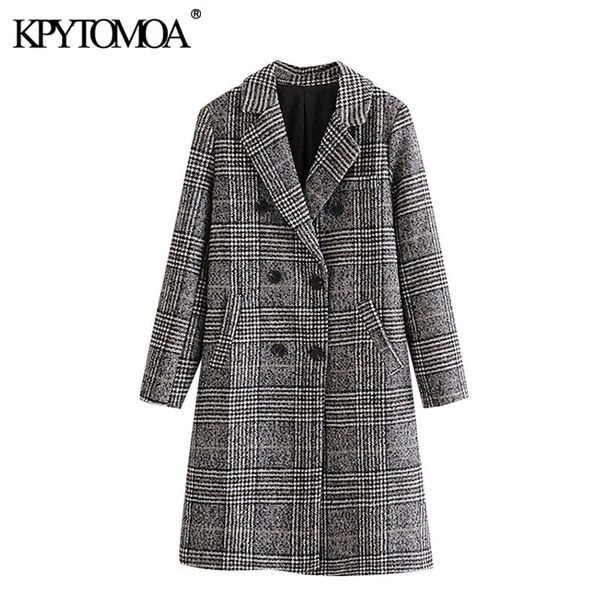

kpytomoa women 2020 fashion double breasted houndstooth woolen coat vintage long sleeve back vent female outerwear chic overcoatx1020, Black