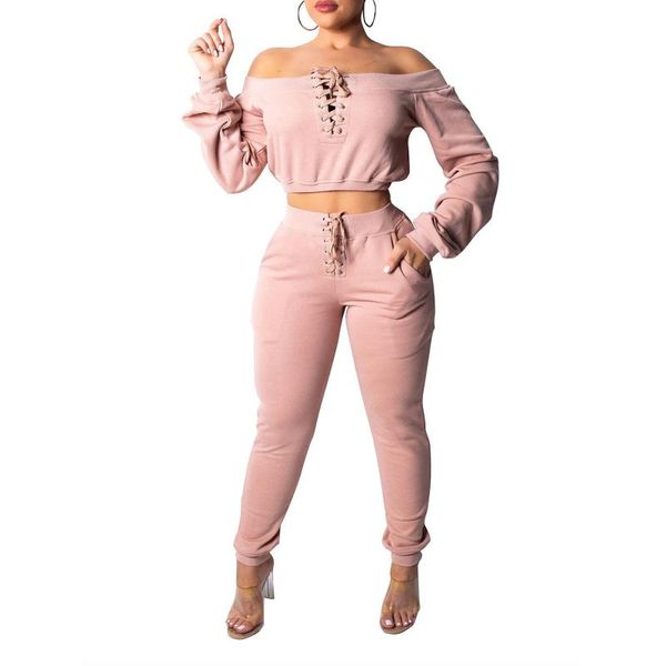 

women's tracksuits women fashion 2 piece set tracksuit club outfits casual off shoulder bandage long sleeve crop joggers pants stre, Gray