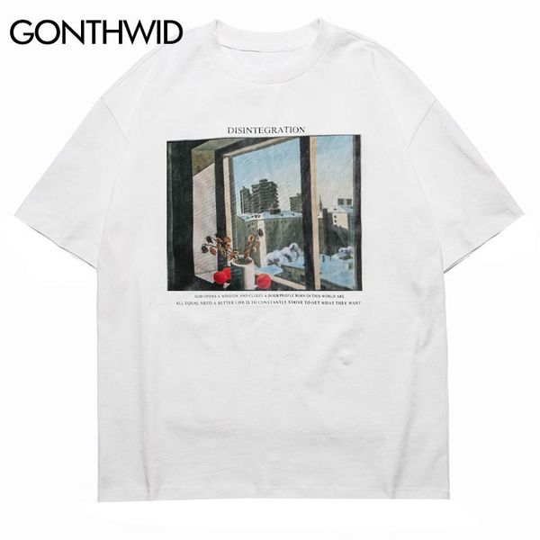 GONTHWID Fenster Landschaft Drucken Kurzarm T-shirts Shirts Harajuku Casual Streetwear T-shirts Hip Hop 2020 Männer Mode Sommer Tops LJ200827