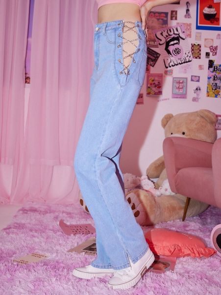 

romwe chain decor straight leg jeans g0mg#, Blue