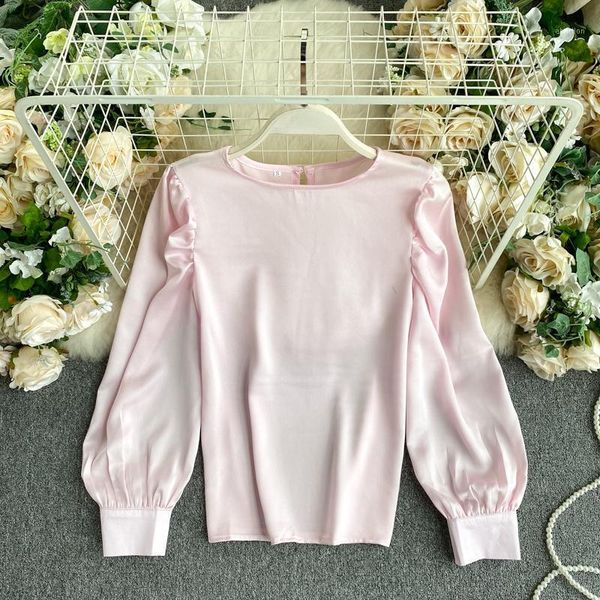 

women's blouses & shirts korean fashion women pink blouse o neck puff sleeve pullover female clothing 2021 spring autumn casual ladies, White