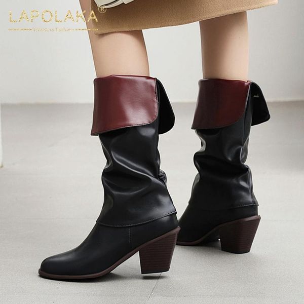 

boots lapolaka 2021 fashion big size 43 solid pleated elegant woman shoes vintage heels dropship british style ladies, Black