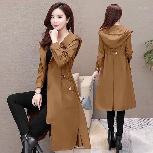 

fashion spring windbreaker jacket women korean autumn casual solid color hooded slim red khaki long coat female xl1, Tan;black