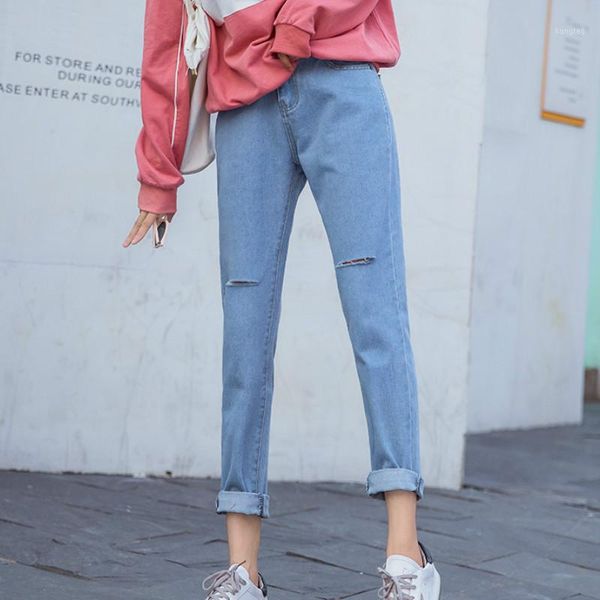 

black jeans woman plus size all match vintage hole street style korean fashion womens high waist denim trousers streetwear chic1, Blue