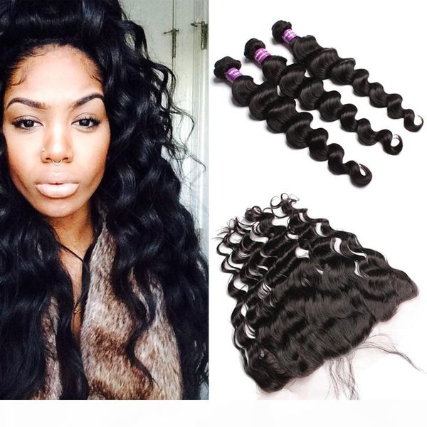 

full frontals lace closure with bundles loose wave curly malaysian human hair weaves with 13x4 lace frontal closures piece, Black